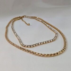 Estate Vintage Two Strand Crystal Tennis And Gold Chain Necklace 14" - 17" Adj